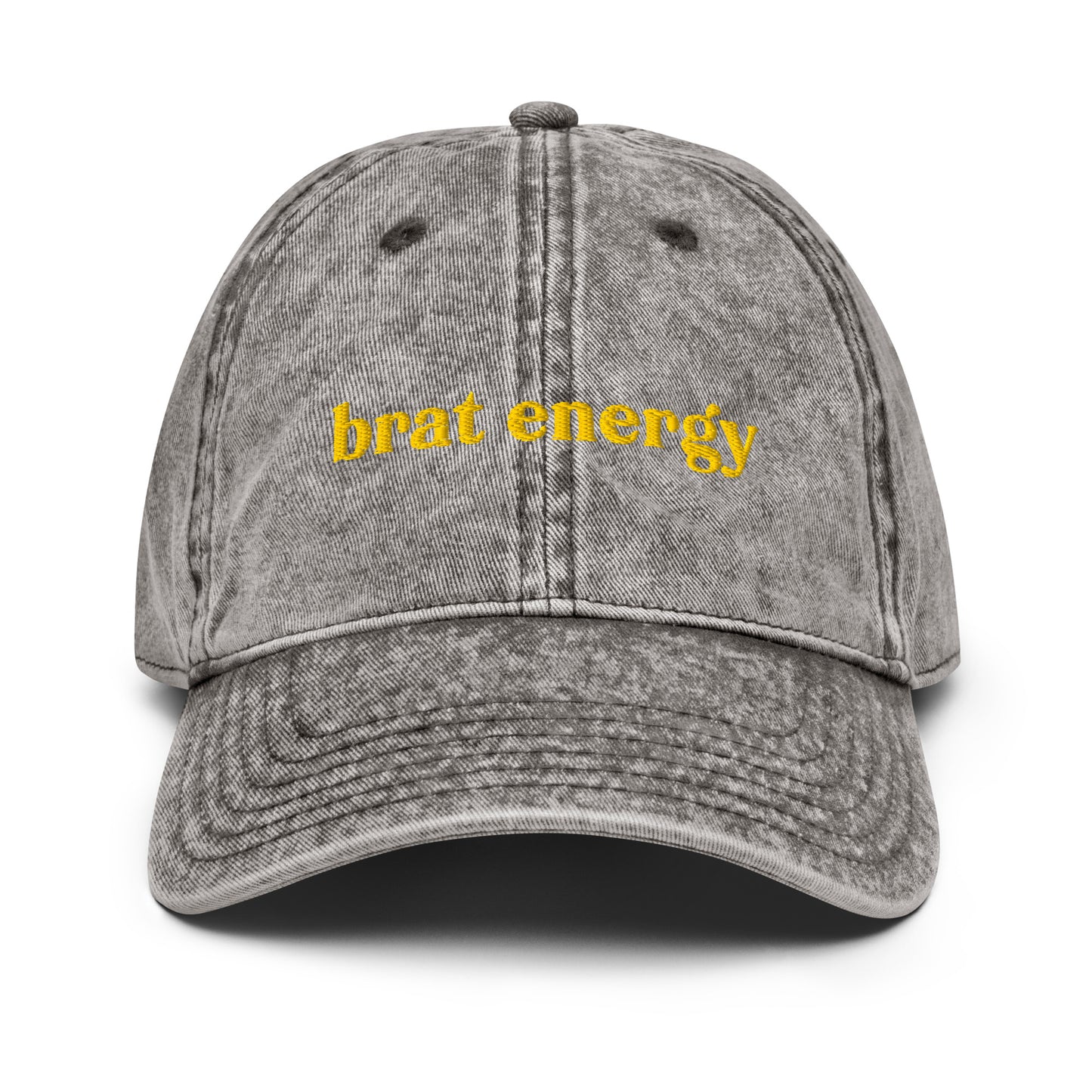 Charcoal grey vintage-style hat with golden stitched “Brat Energy” – subtle statement piece for pleasure-positivity and boundary-pushing charm