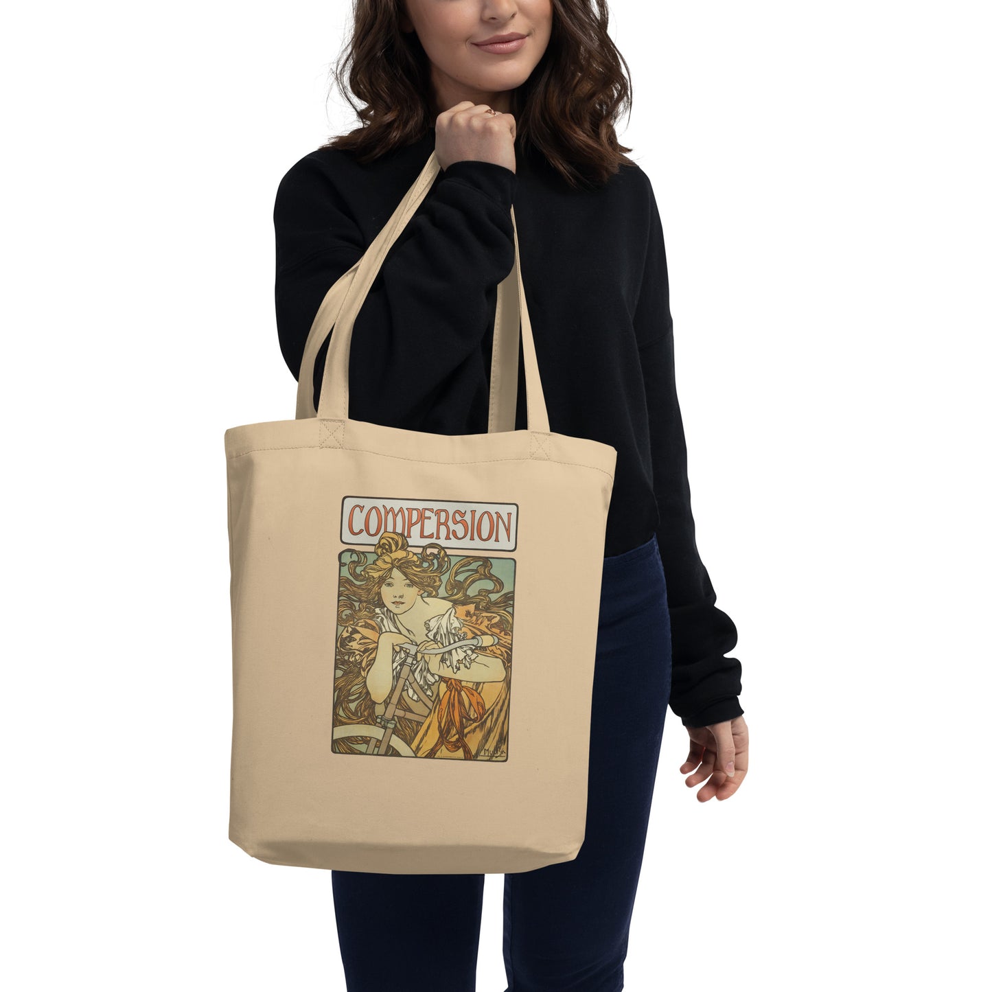 Woman wearing polyamory symbol beige tote bag featuring elegant vintage artwork.