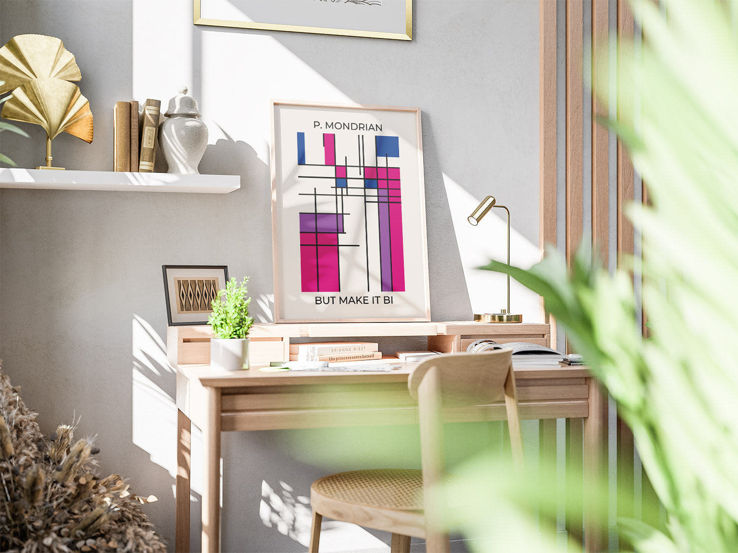 Modern queer wall art featuring colorful bisexual pride flag poster in modernist art style on a desk in a sunlit office with a laptop, notebook, and coffee, creating a modern, creative vibe.