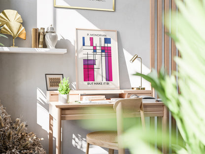 Modern queer wall art featuring colorful bisexual pride flag poster in modernist art style on a desk in a sunlit office with a laptop, notebook, and coffee, creating a modern, creative vibe.