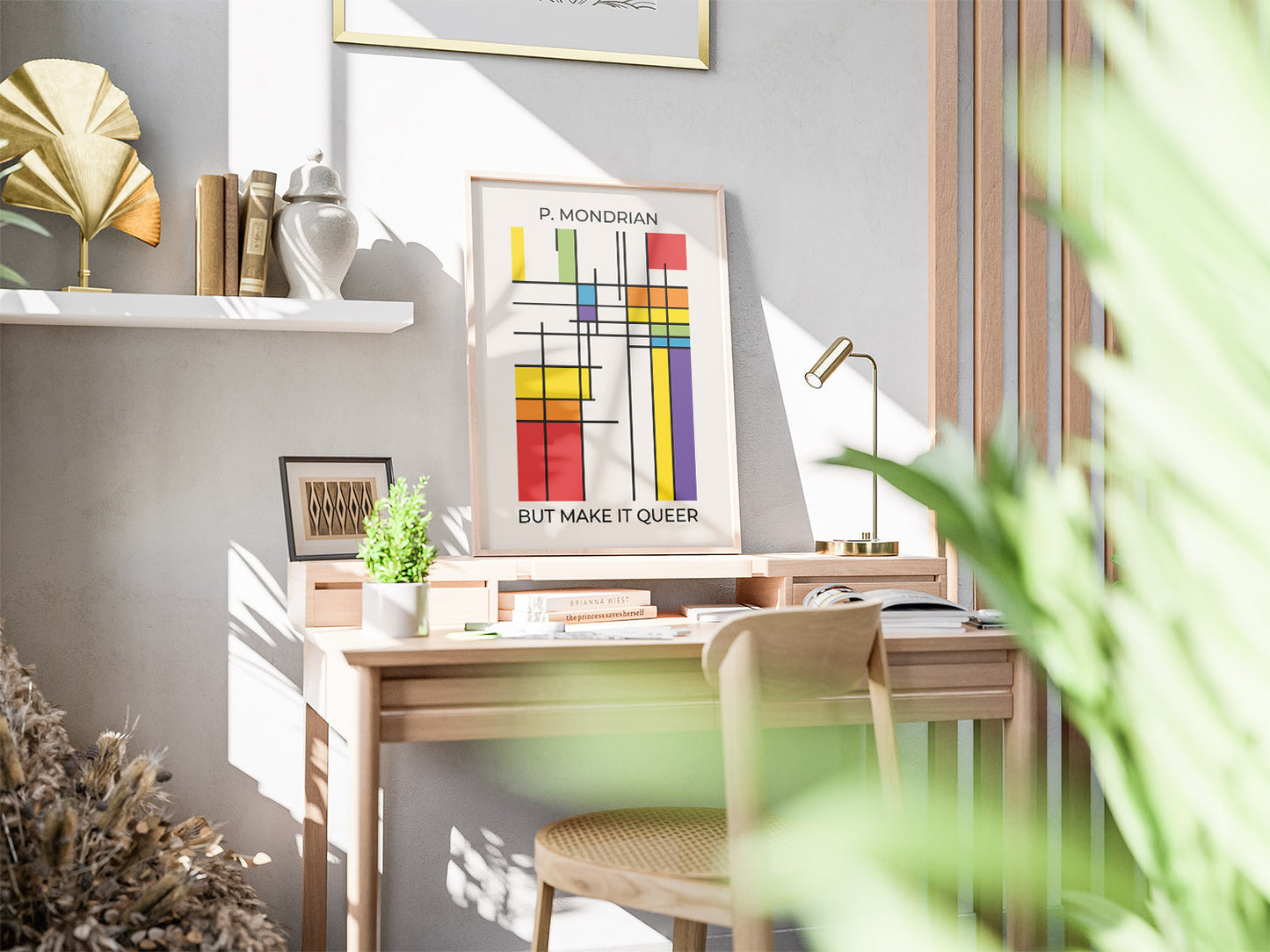 Modern queer wall art featuring Mondrian style revisited poster on a desk in a sunlit office for pride affirmation at home
