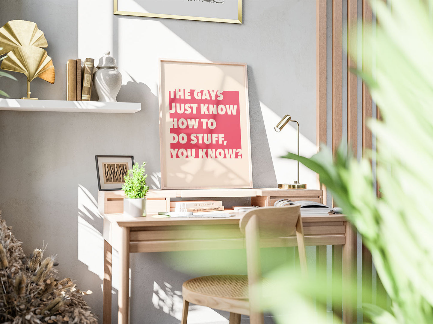 Jennifer Coolidge inspired red printable poster for fans, displayed on a desk in a sunlit office with a laptop, notebook, and coffee, creating a modern, creative vibe.