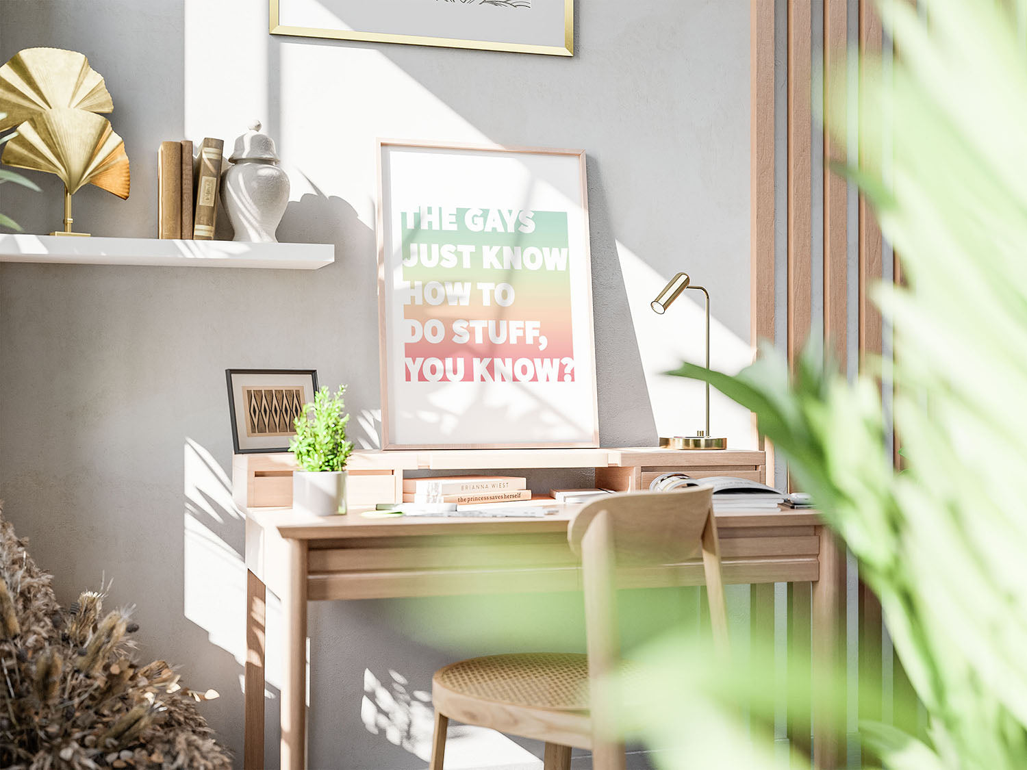 Modern queer wall art featuring Jennifer Coolidge quote, displayed on a desk in a sunlit office with a laptop, notebook, and coffee, creating a modern, creative vibe.