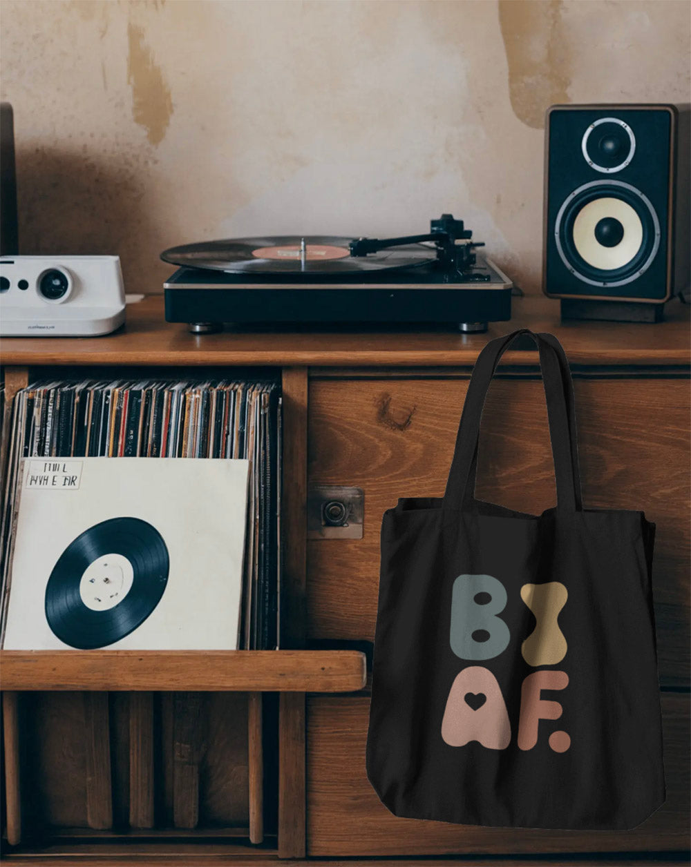 Retro inspired bisexual pride black tote bag for ethical non-monogamy supporter