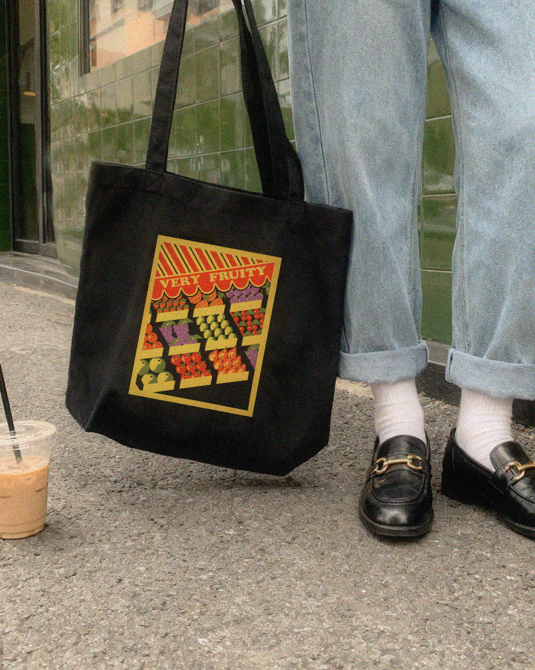 Very Fruity Eco Tote Bag – Black Queer Campy Accessory with Vintage Fruit Stand Design