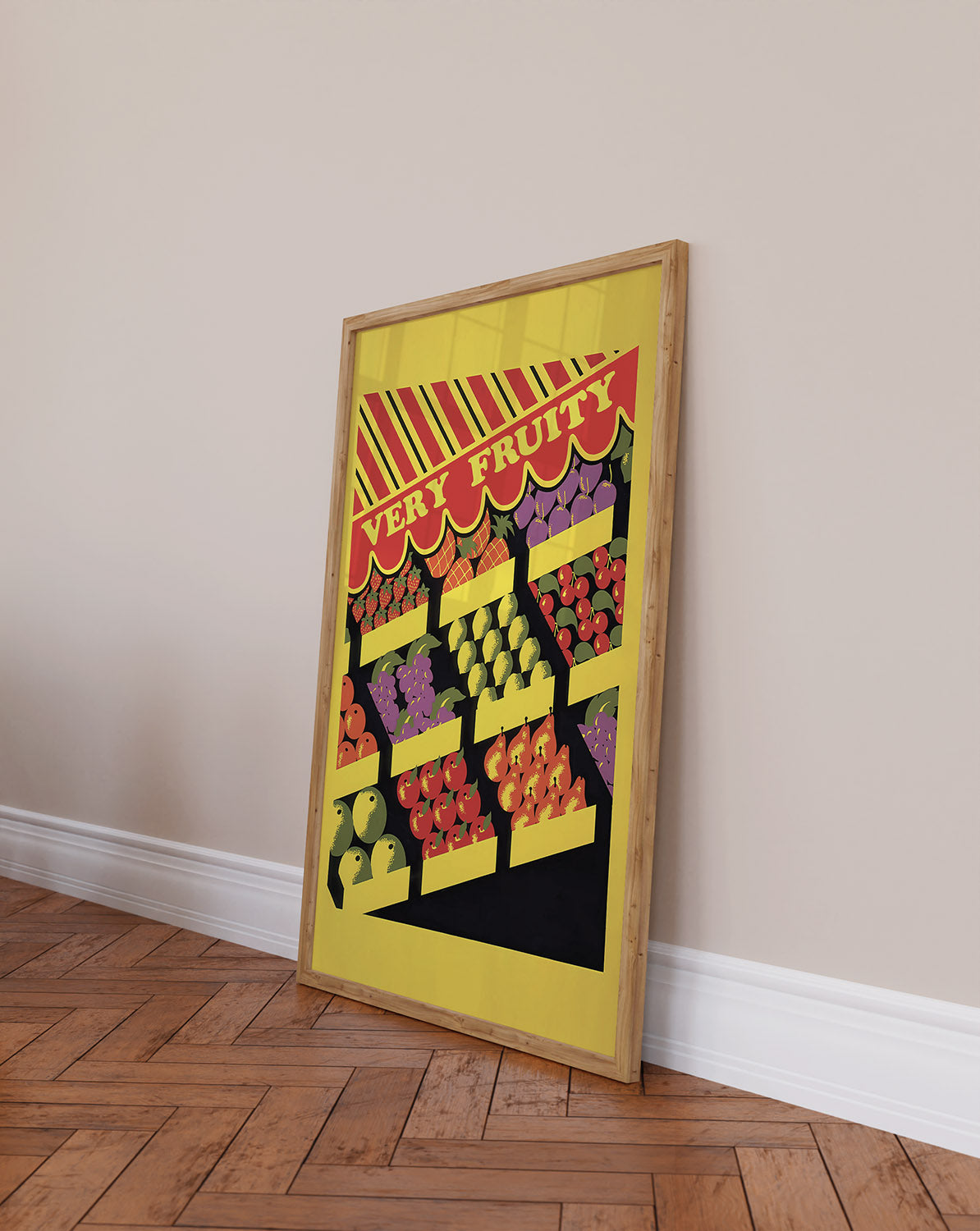 Funny vintage printable poster with fruity theme in a wooden frame leans against the wall on a floor with patterns