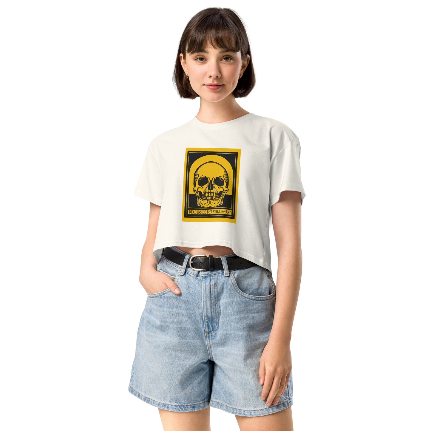 Dead Inside Crop Top – Yellow Vintage Skull Dark Humor Tee
