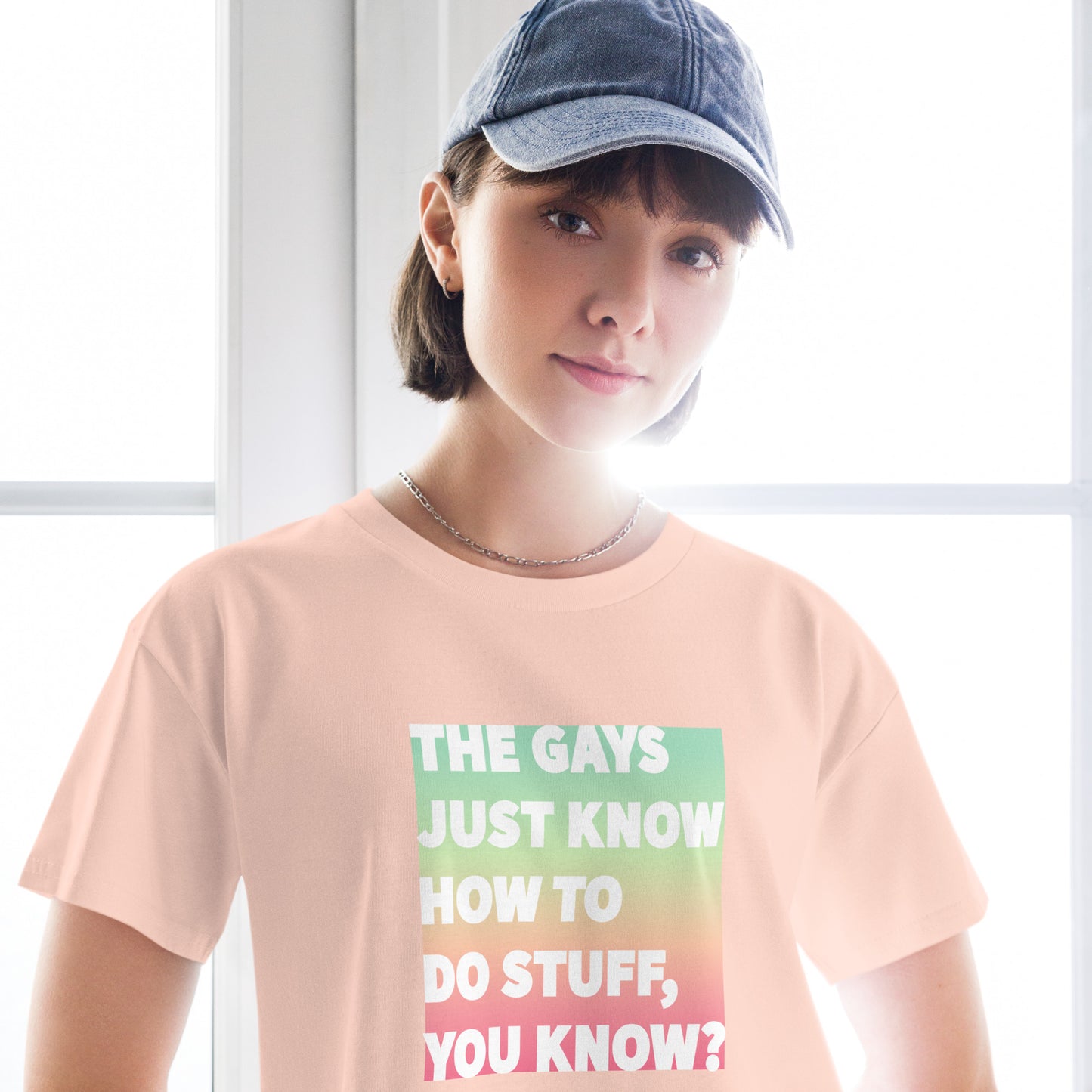 The Gays Just Know Crop Top – Pastel Rainbow Queer White Lotus Tee