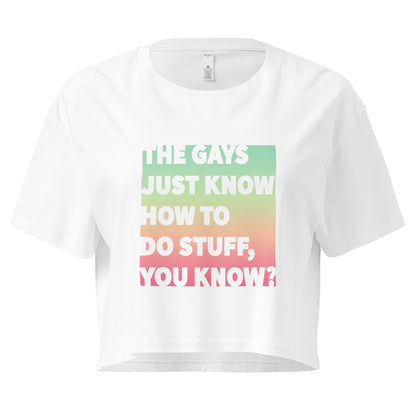 The Gays Just Know Crop Top – Pastel Rainbow Queer White Lotus Tee