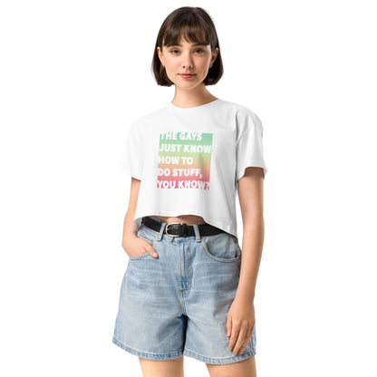 The Gays Just Know Crop Top – Pastel Rainbow Queer White Lotus Tee
